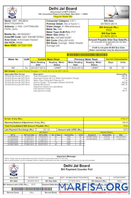 Printable INIDA DELHI JAL BOARD utility bill Word and PDF template